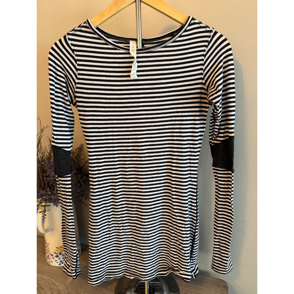 Lululemon Pima Cotton Striped Long Sleeve Top Black White Size 2 Elbow Patches